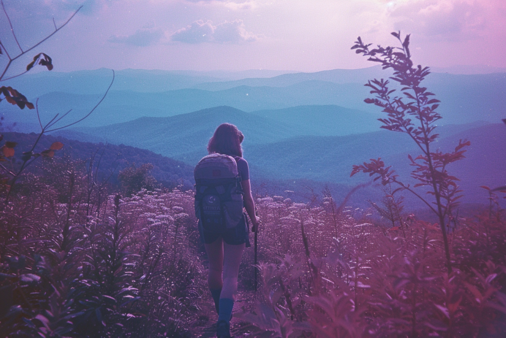 wide shot documentary photo, woman hiking the appalachian trail, lomography lomochrome purple