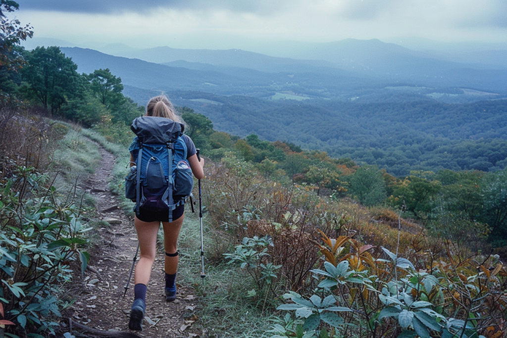 wide shot documentary photo, woman hiking the appalachian trail, Kodak Vision3 500T