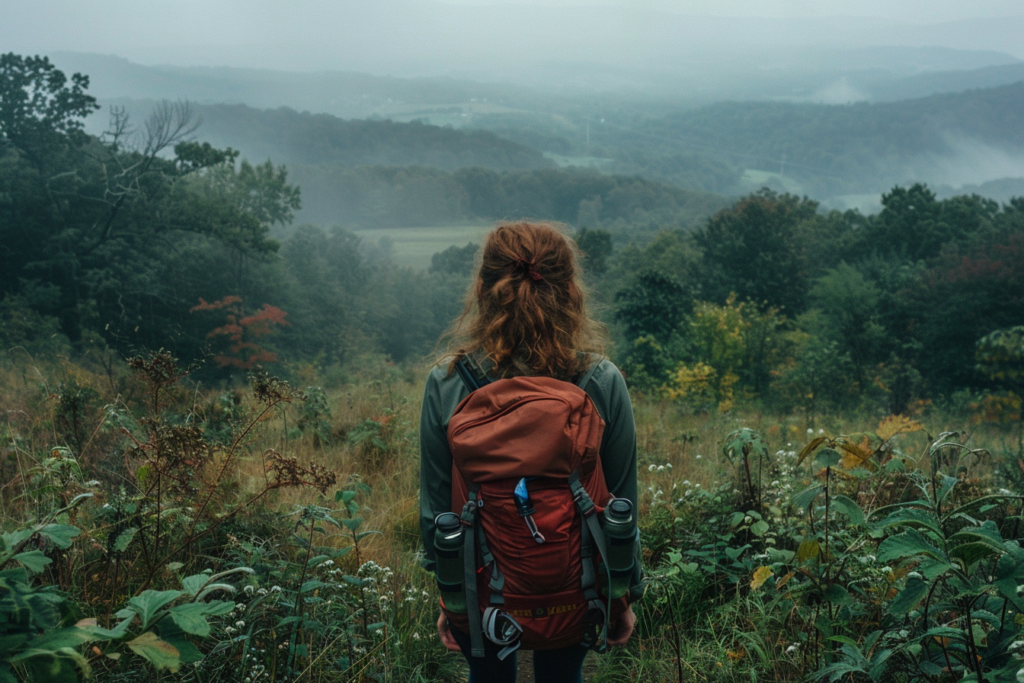 wide shot documentary photo, woman hiking the appalachian trail, 35 mm, Yodica Polaris 100