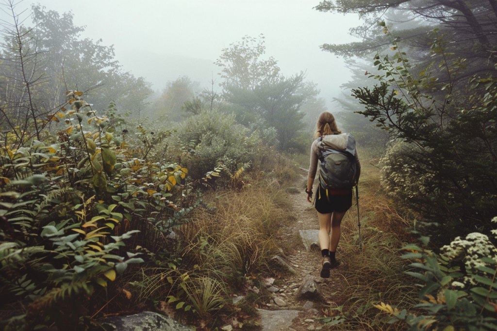 wide shot documentary photo, woman hiking the appalachian trail, cinestill 800T 