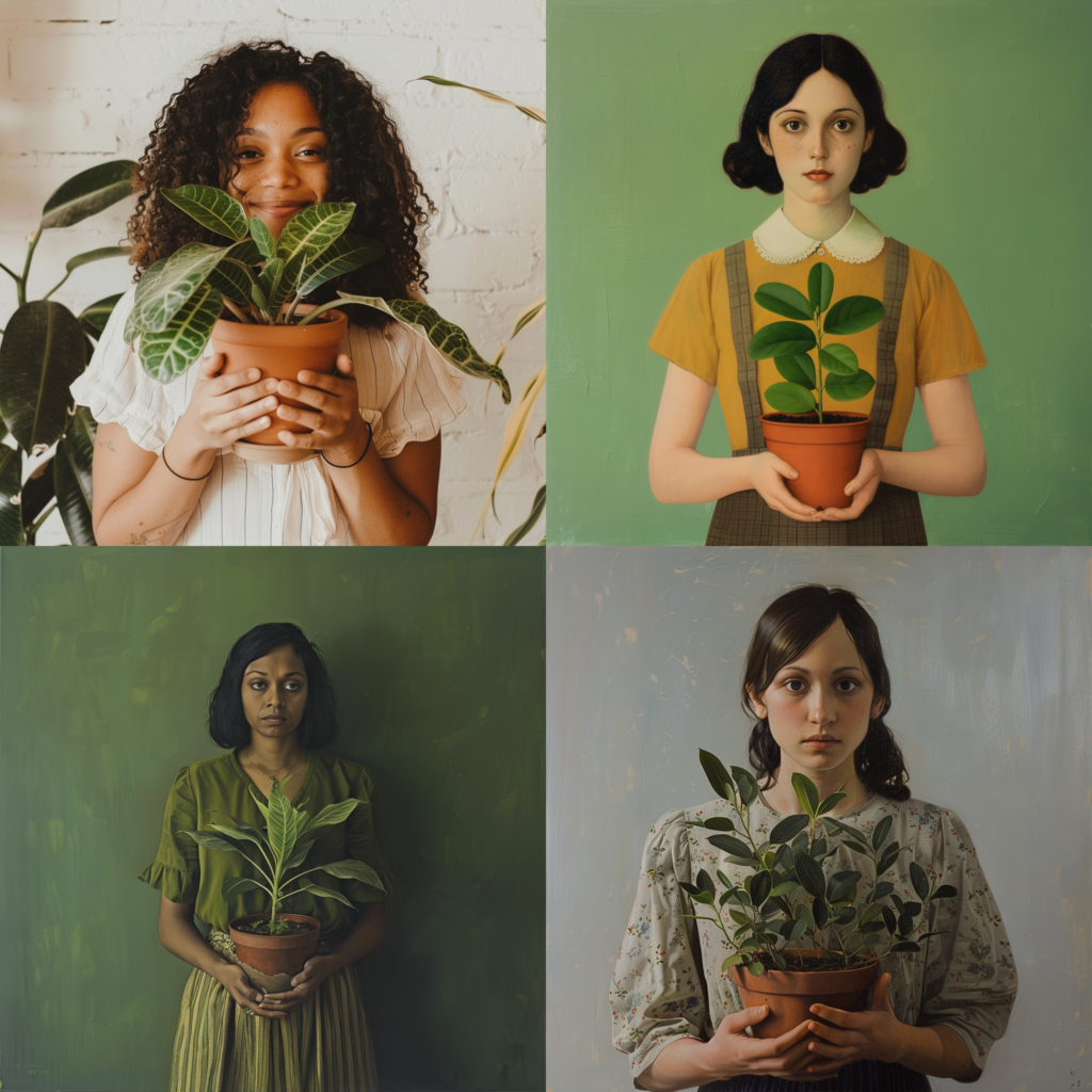 women holding potted plants, ai image, midjourney sample