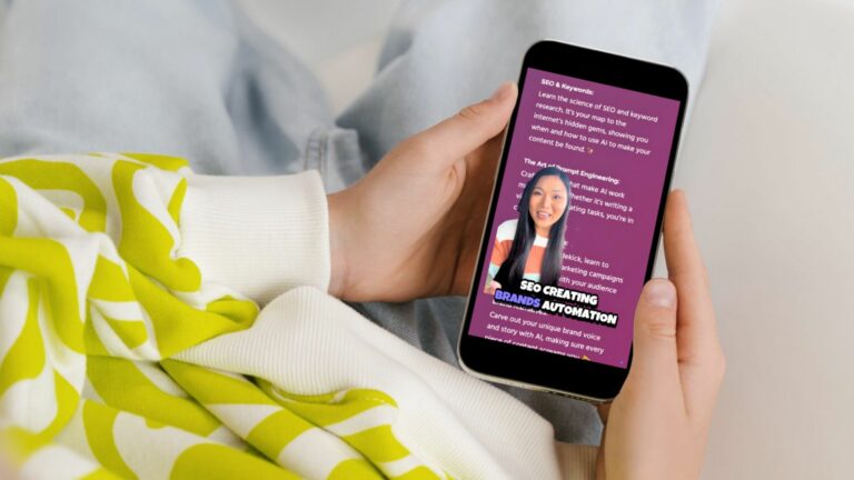 An image of a person holding a smartphone displaying a screen with text about SEO and keyword research. The text includes a section titled "SEO & Keywords," highlighting the importance of SEO, keyword research, and using AI for content optimization. The screen also features an image of a smiling woman with the text "SEO CREATING BRANDS AUTOMATION." The person holding the phone is wearing a white and green patterned sleeve.