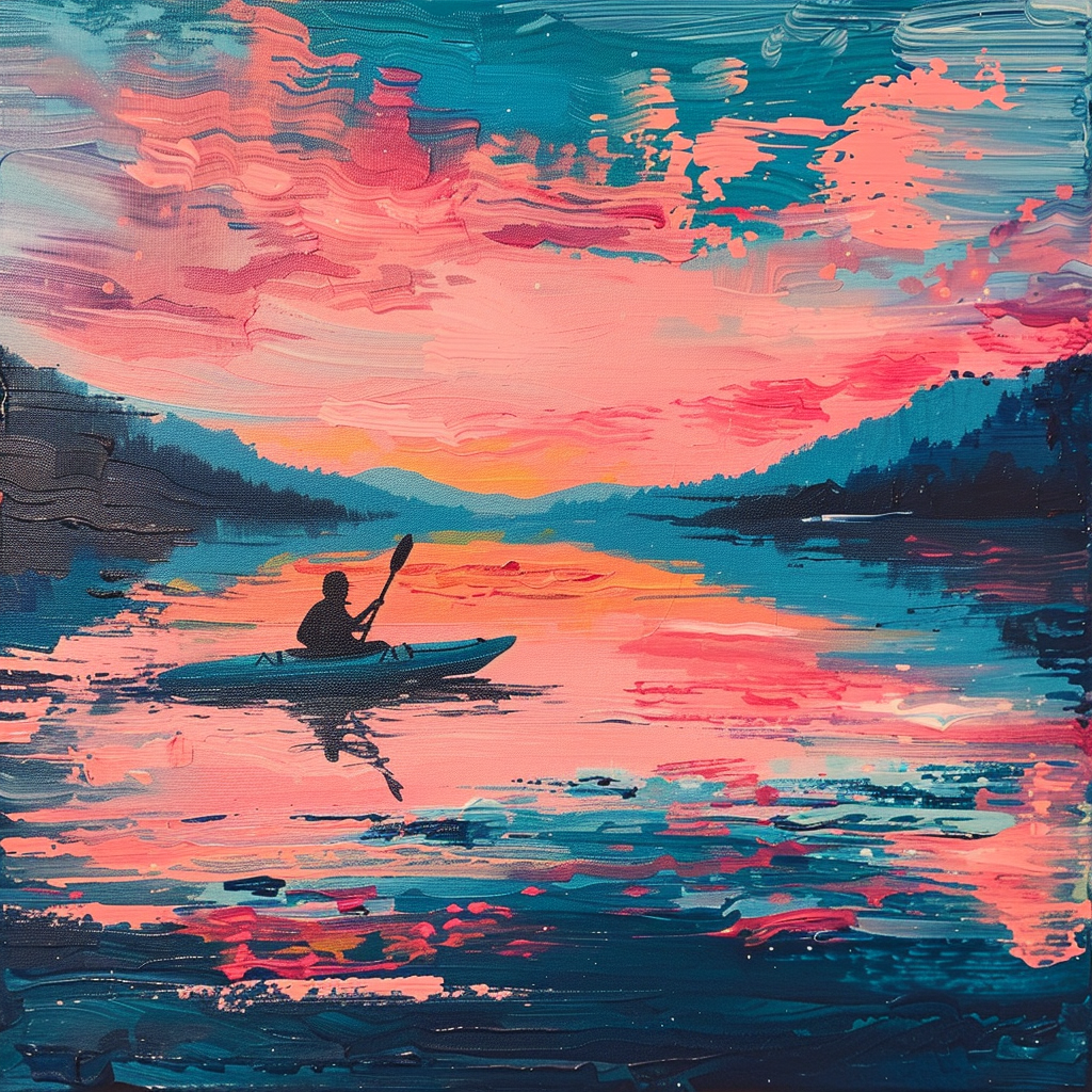 generated AI art of a person kayaking on a serene lake at sunset teal and pink colors