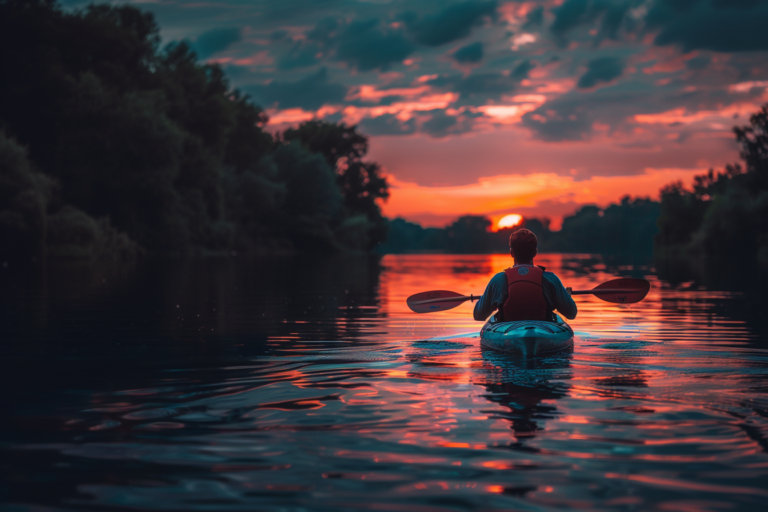 person kayaking with a breathtaking view of a dramatic sky, ai generated image, teal and pink colors