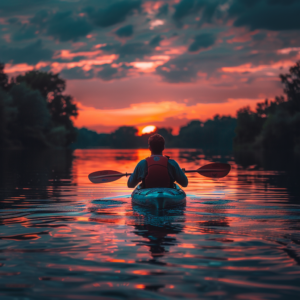person kayaking, teal and pink colors, sunset, dramatic sky