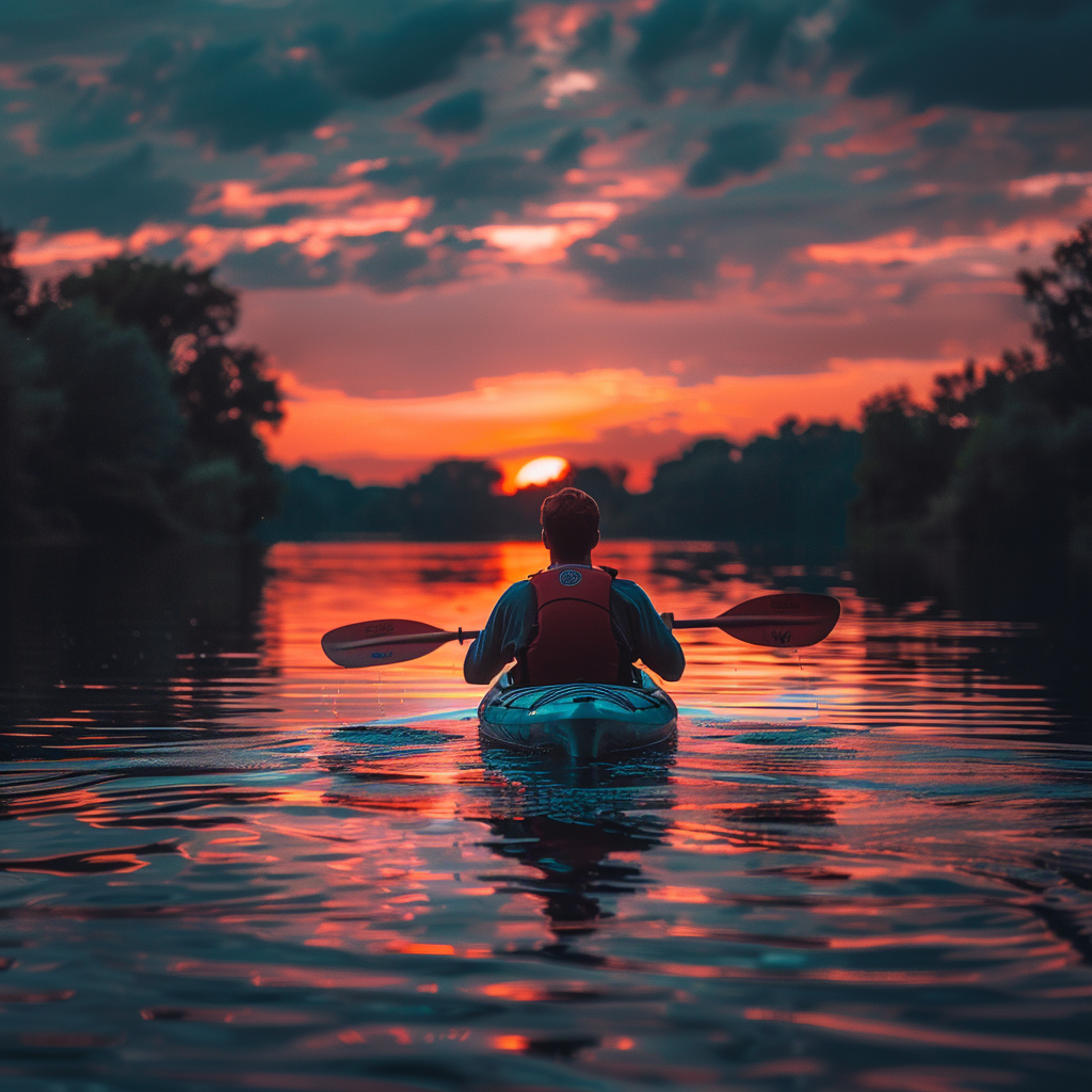 generated AI photograph of a person kayaking on a serene lake at sunset teal and pink colors, shallow depth of field, dramatic sky