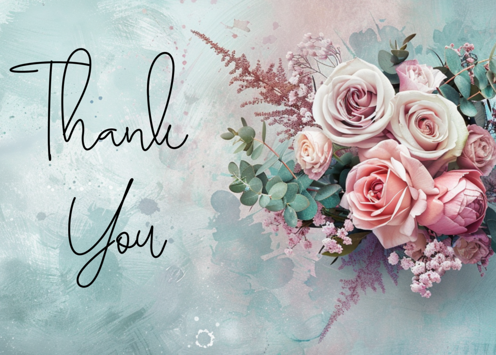 Midjourney thank you cards featuring bouquets with pastel purple, teal, and pink colors. Canva Text saying Thank you