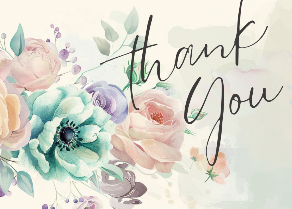 Midjourney thank you cards featuring bouquets with pastel purple, teal, and pink colors. Canva Text saying Thank you