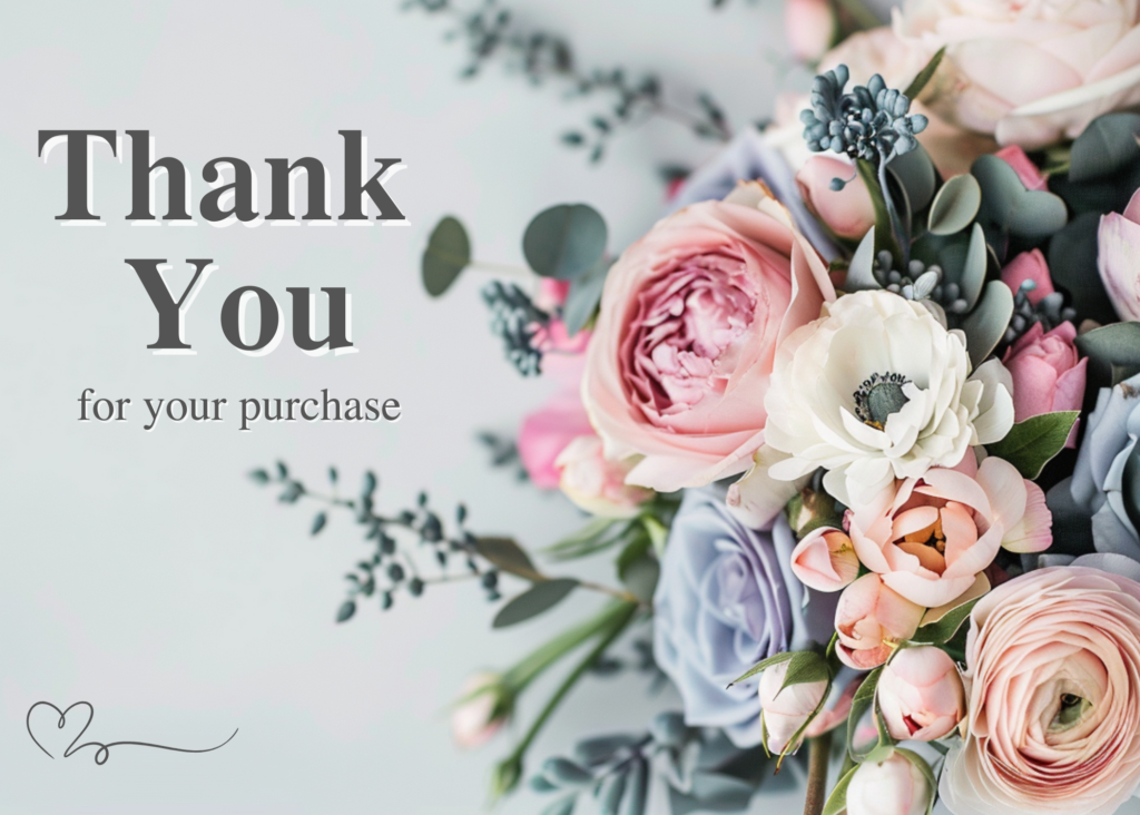 Midjourney thank you cards featuring bouquets with pastel purple, teal, and pink colors. Canva Text saying Thank you for your purchase