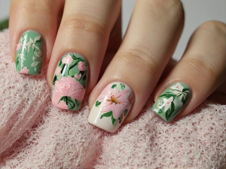 The photo you sent appears to be a close-up of a woman’s manicured fingernails with a floral design painted on them. The background appears blurry, so it’s difficult to discern the exact colors or the rest of the woman’s hand.