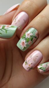 A close-up of a hand featuring a detailed nail art design with floral and 3D elements. The nails are painted in soft pink and white tones, adorned with intricate gold floral patterns and geometric accents. The person is holding a textured pink fabric.