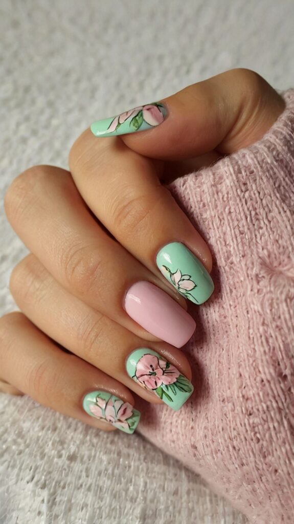 A close-up of a hand with nails painted in a detailed floral design. The nails feature pastel green and pink colors with intricate pink flower patterns on most nails and one solid pink nail. The person is wearing a pink sweater.

A close-up of a hand with nails painted in a detailed floral design. The nails feature pastel green and pink colors with intricate pink flower patterns on most nails and one solid pink nail. The person is wearing a pink sweater.


