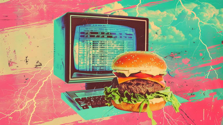 collage of a computer, lightning, hamburger, teal and pink colors