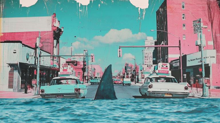 sharkfin street view collage, teal and pink colors