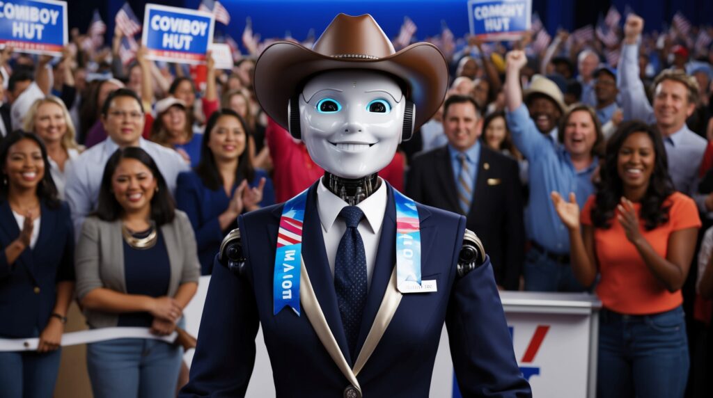 AI robot dressed in a formal mayor's suit, complete with a shiny name tag and a confident smile. The robot is wearing a campaign ribbon with a futuristic design, and the setting is a bustling political rally or press conference, with a large crowd of people from diverse backgrounds holding signs and cheering.