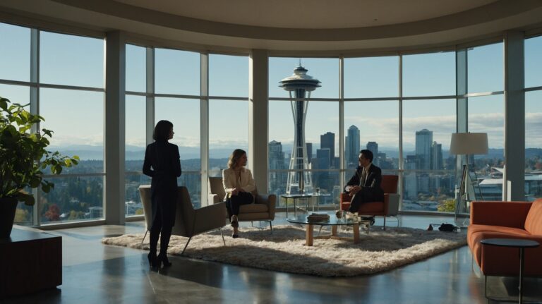 A modern office space with floor-to-ceiling windows offering a panoramic view of the Seattle skyline, including the Space Needle. Three people are engaged in a discussion, with one person standing and the other two seated on contemporary furniture in a well-lit room. Dive into the vibrant world of AI innovation with insights on the newly launched "AI House" in Seattle, a hub for collaboration among startups.