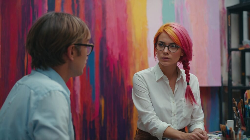  two individuals engaged in a conversation in what appears to be an art studio. The person on the right has vibrant pink and orange hair styled in a braid and is wearing glasses and a white button-up shirt, giving a focused, professional look. The person on the left, seen in profile, has brown hair and also wears glasses and a light blue shirt. The background features a large, colorful abstract painting with bold brushstrokes in red, pink, and yellow tones, enhancing the creative atmosphere of the setting. Various paintbrushes and art supplies are visible on the table, further emphasizing the artistic context.