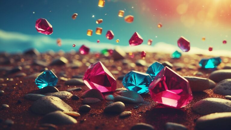 colorful gemstones, primarily pink and blue, scattered across a sandy, pebble-strewn surface under a bright sky. Some of the gems appear to be floating or falling in mid-air, adding a dynamic, magical effect. The scene is bathed in warm sunlight, creating a vibrant and whimsical atmosphere.