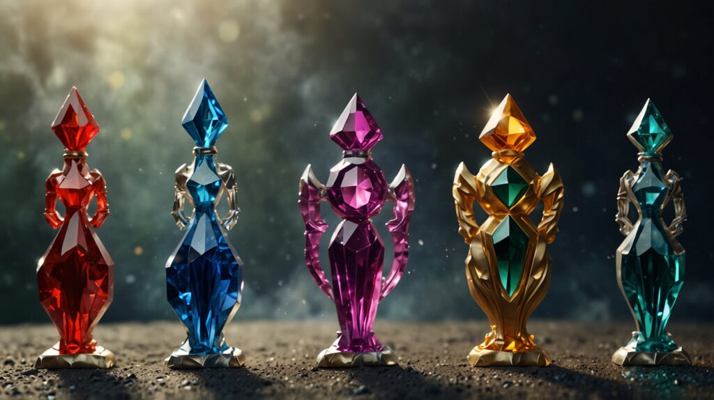  five intricately designed, gem-like statues, each shaped like a stylized figure. These statues are made from different colored crystals: red, blue, purple, gold, and green. The figures stand on a rough, textured surface against a dark, misty background, with light softly illuminating the scene, creating a magical or mystical atmosphere.
