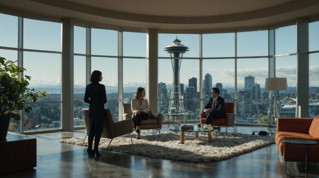 A modern office space with floor-to-ceiling windows offering a panoramic view of the Seattle skyline, including the Space Needle. Three people are engaged in a discussion, with one person standing and the other two seated on contemporary furniture in a well-lit room. Dive into the vibrant world of AI innovation with insights on the newly launched AI House in Seattle, a hub for collaboration among startups.