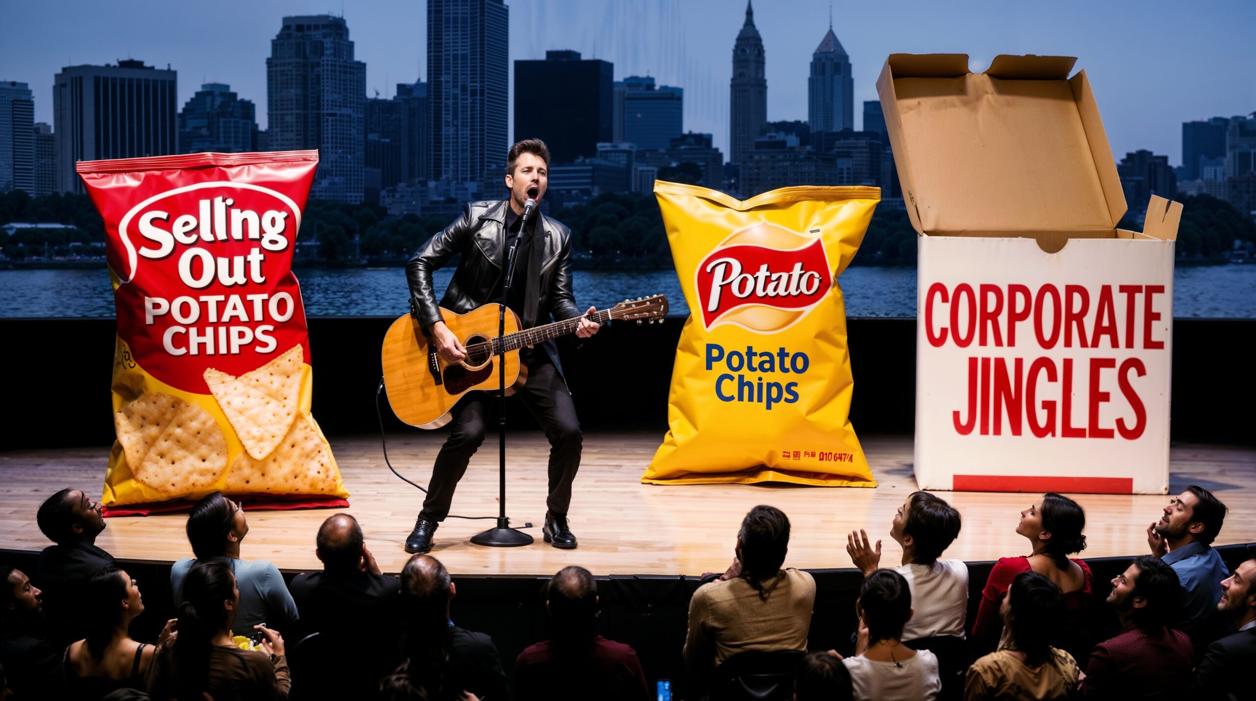 a performer on stage playing a guitar next to large representations of a potato chip bag labeled "Selling Out Potato Chips" and an open pizza box labeled "Corporate Jingles." In the audience, people of various emotions are reacting with expressions ranging from shock to sadness. The city skyline in the background adds to the urban setting of this performance.