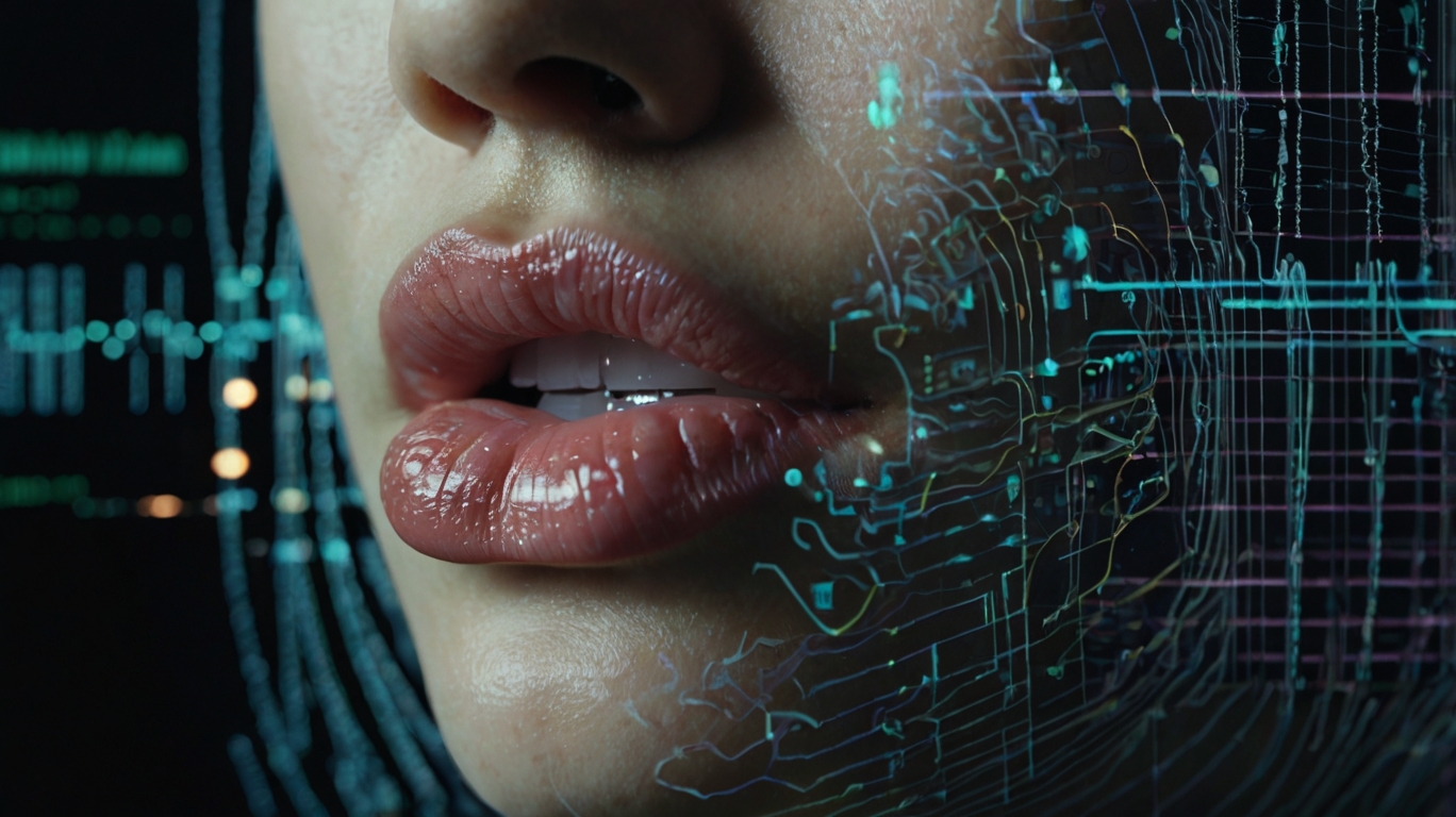 This image features a close-up of a person's lips, with glossy detail, overlaid with digital circuits and abstract technology patterns. The merging of human features with technological elements suggests themes of artificial intelligence, human-machine interaction, or digital communication.