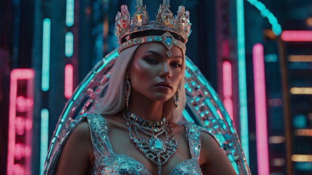 woman dressed in regal, futuristic attire with a metallic crown adorned with large, glowing gems. Her intricate jewelry, including a prominent gemstone necklace, complements her elaborate silver outfit. The background features neon-lit, high-tech architecture, giving a vibrant, cyberpunk feel that merges royalty with a futuristic urban setting. The overall aesthetic suggests themes of power, elegance, and futuristic luxury.