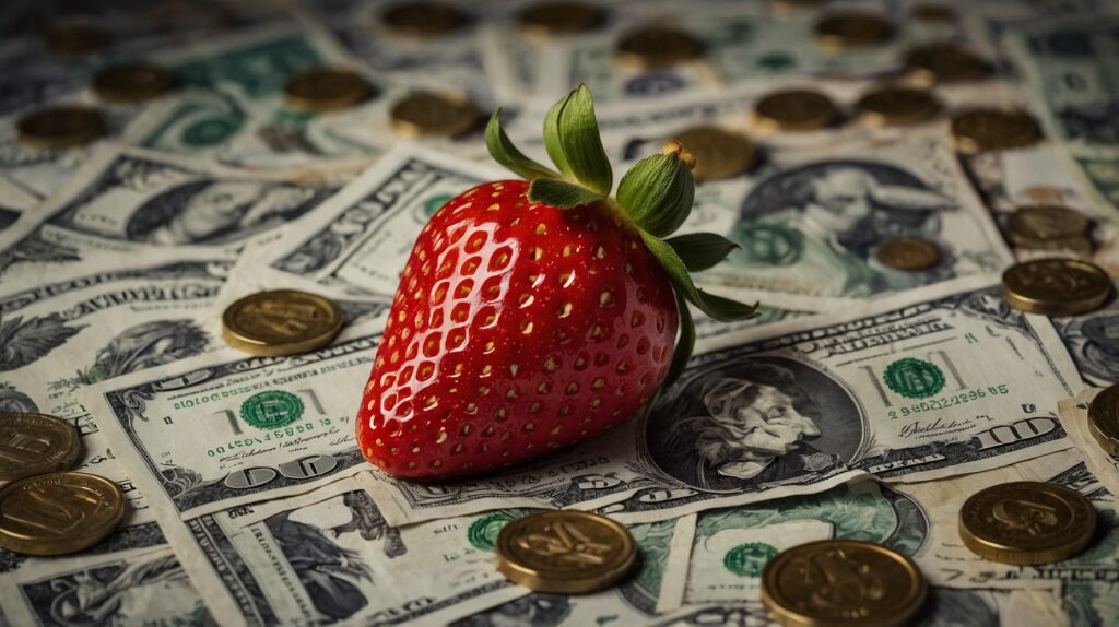 This image shows a ripe strawberry resting on a pile of U.S. dollar bills and scattered gold coins. The juxtaposition of fresh fruit with money creates a symbolic representation, possibly of economic value or wealth tied to nature and agriculture.