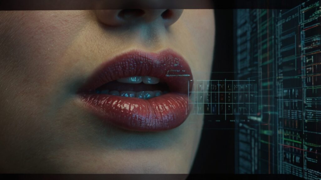 A close-up of a person's lips is surrounded by intricate circular diagrams, data points, and technological icons. The surrounding graphics resemble biometric analysis tools, featuring waveforms, charts, and a fingerprint pattern. The design includes futuristic typography and labels like "Synthsonic langie," indicating advanced language or sound processing technology.