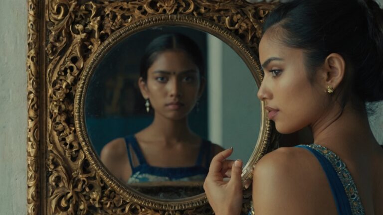 woman gazing into an ornate, golden-framed mirror, her reflection facing forward while she is positioned slightly in profile. The reflective surface captures her calm, introspective expression. She wears elegant attire and minimal jewelry, enhancing the sense of quiet contemplation. The intricate details of the mirror’s frame contrast with the simplicity of her look, creating a reflective and thoughtful mood, with cultural and personal depth conveyed in her stance and expression.