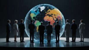 historic event featuring the signing of the First Global AI Treaty. A diverse group of world leaders, experts, and diplomats stand before a large globe with "AI" highlighted, signifying artificial intelligence's global impact. Flags from various nations, including the UK, US, and EU, are prominently displayed, along with a humanoid robot, indicating AI's role in future governance and global cooperation. Scales of justice in the foreground emphasize the treaty's focus on fairness and regulation in AI.