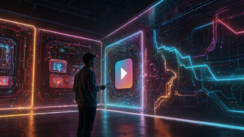 vibrant, futuristic scene centered on YouTube's AI-driven content creation era. A person interacts with a glowing, oversized screen displaying a play button, symbolizing YouTube videos, while surrounded by swirling digital and organic elements like lightbulbs, a rainbow, and a radio.