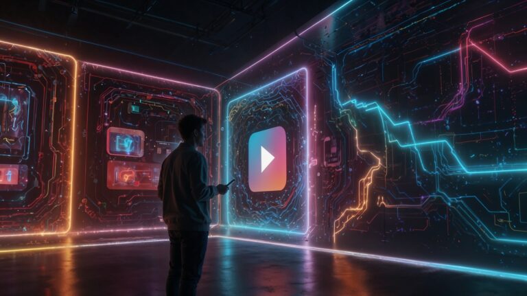 uristic scene centered on YouTube's AI-driven content creation era. A person interacts with a glowing, oversized screen displaying a play button, symbolizing YouTube videos, while surrounded by swirling digital and organic elements like lightbulbs, a rainbow, and a radio.