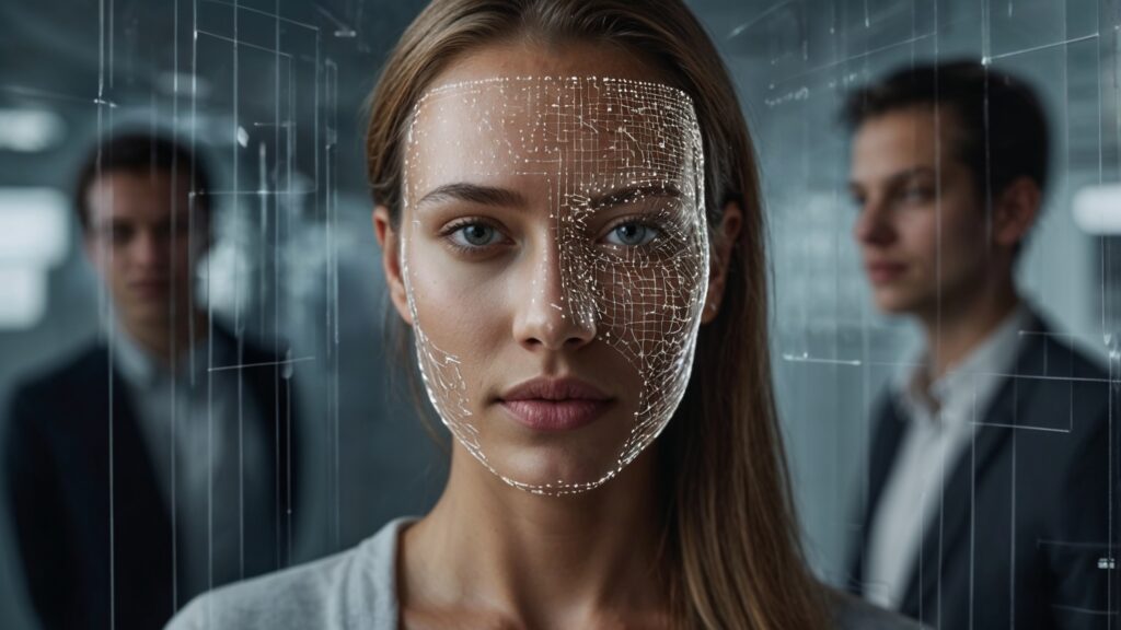 depicts a close-up of a woman looking directly at the camera with a digital grid or wireframe pattern overlaid on her face, suggesting facial recognition technology. Two blurred figures in business attire stand in the background, reinforcing a futuristic or tech-focused context, possibly relating to AI or data security themes.