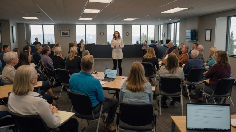 A dynamic woman leading an AI workshop in Salmon Arm, captivating a corporate audience with her insights and expertise. The room is filled with engaged professionals eager to learn about the latest advancements in artificial intelligence and how they can apply these concepts to enhance their business strategies.