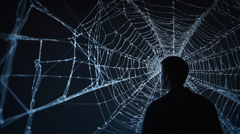 A person stands facing a large, intricate spider web, illuminated against a dark background. The web's delicate threads create a complex, almost mesmerizing pattern, suggesting themes of entanglement, connection, or being trapped in a network.








