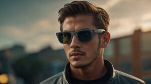 man wearing a pair of stylish Ray-Ban sunglasses. He has short, neatly styled hair and a light beard. The background is blurred, likely an urban setting with a soft, warm-toned sky, creating a moody, cinematic feel. The man is also wearing a leather jacket, enhancing the cool, casual look.
