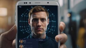 person holding a smartphone with facial recognition technology displayed on the screen. The phone interface outlines the man's face with a web of blue, connected nodes to map facial features, demonstrating an example of advanced biometric scanning. In the lower part of the screen, profile details and facial data analysis are visible, highlighting the potential identification or authentication features of the software.