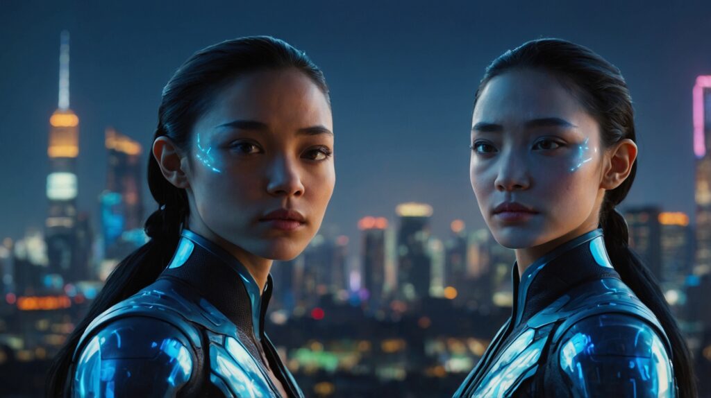 Two women, dressed in futuristic, metallic suits, stand side by side against a backdrop of a city skyline at dusk. Their faces are marked with glowing, circuit-like patterns, suggesting a high-tech or sci-fi theme, hinting at one possibly being a robotic or enhanced version of the other. The city lights blur softly behind them, adding to the sleek, modern atmosphere.








