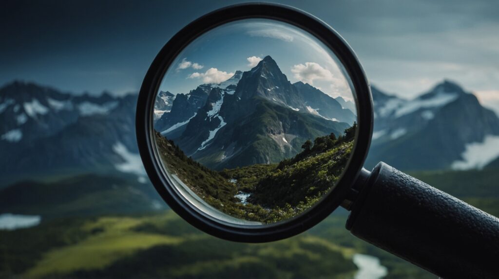 A magnifying glass is held up to a mountain range, sharply focusing on a single peak while the surrounding landscape remains blurred. The scene captures the rugged beauty of snow-capped peaks and lush green valleys, highlighting the contrast between clarity and distance.