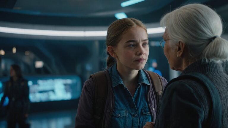 depicts a young girl, likely a teenager, having a serious conversation with an elderly woman. The young girl, wearing a denim shirt and a backpack, looks thoughtful or concerned, while the older woman, dressed in dark clothing with her white hair tied back, listens intently. The scene takes place in a futuristic or high-tech setting, with glowing screens and a modern, curved architecture visible in the background, suggesting a sci-fi or advanced environment.