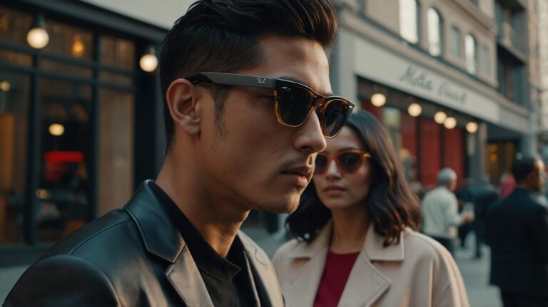 individuals walking down a city street, both wearing sunglasses. The person in the foreground is wearing dark sunglasses with a leather jacket, while the person in the background is also wearing sunglasses and a light-colored coat. The background features a blurred storefront with the name "Meta" visible, suggesting a connection to Meta's Ray-Ban product line, potentially highlighting the Meta Ray-Ban smart glasses.