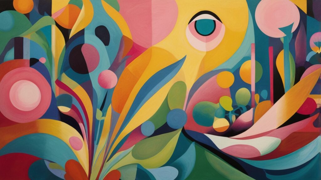  vibrant abstract painting with a mix of bold, overlapping shapes and colors, including circular, oval, and organic forms in shades of pink, blue, yellow, orange, and green. The composition creates a dynamic, almost kaleidoscopic effect, inviting the viewer to explore various layers and textures. The interplay of colors and shapes conveys a sense of energy and movement in a modern, playful style.