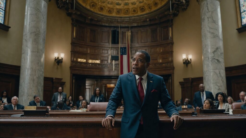 He looks passionate or concerned as he speaks, possibly addressing an important issue. The setting features marble pillars, wood-paneled walls, and a large U.S. flag behind him, with a dome ceiling overhead, creating a sense of authority and importance. The audience behind him, including seated individuals and onlookers, enhances the gravity of the scene, suggesting a legal or political proceeding.