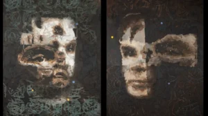 A pair of abstract portraits featuring fragmented and distorted human faces on a dark, textured background. The left image shows a heavily fractured face with earthy tones and overlaid chaotic patterns, while the right image presents a similarly fragmented face with slightly smoother transitions and subtle blue and yellow accents. Both evoke a sense of mystery and introspection.