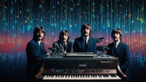 surreal and colorful scene with four men in suits resembling musicians, set against a vibrant backdrop of cascading, multicolored streaks. They are positioned behind a vintage keyboard or organ, evoking a retro or psychedelic atmosphere. Let me know if you'd like any adjustments or additional details included!