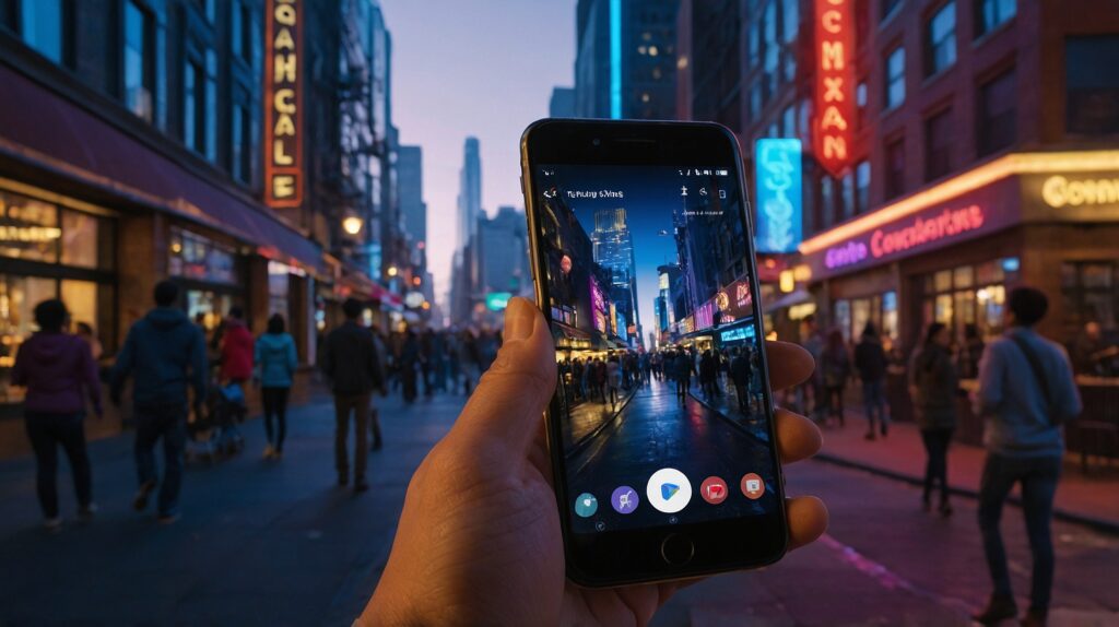  evening urban street scene with bustling pedestrian activity and neon-lit storefronts. In the foreground, a person holds up a smartphone, which displays the same scene as if viewed through an augmented reality app, merging digital and real-world visuals. The warm glow of the surrounding lights and the reflection of the street's atmosphere on the phone screen create a blend of modern technology and vibrant city life.