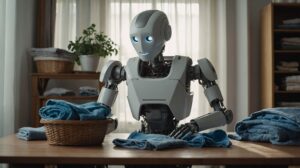 humanoid robot with a friendly expression folding laundry at a wooden table, surrounded by neatly folded clothes and a wicker basket. The robot appears in a cozy, well-lit room with shelves and a potted plant in the background, suggesting a domestic setting where it assists with household chores. The scene highlights the concept of robots performing everyday tasks.
