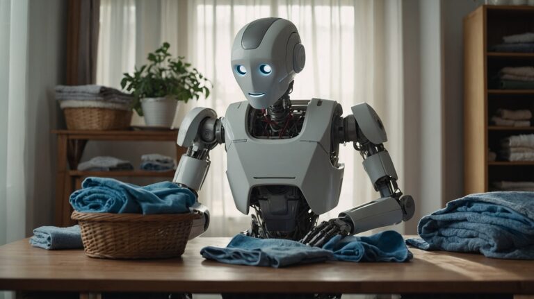 humanoid robot with a friendly expression folding laundry at a wooden table, surrounded by neatly folded clothes and a wicker basket. The robot appears in a cozy, well-lit room with shelves and a potted plant in the background, suggesting a domestic setting where it assists with household chores. The scene highlights the concept of robots performing everyday tasks.