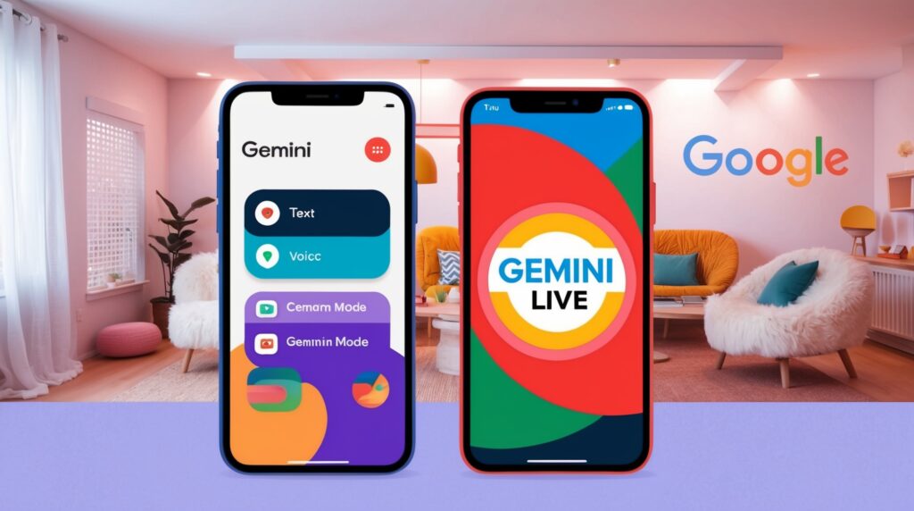 Two iPhones displaying the Gemini app interface in a vibrant and modern living room setting. The left screen highlights options like 'Text,' 'Voice,' and 'Gemini Mode,' while the right screen showcases a colorful 'Gemini Live' logo. The cozy background includes soft furniture, warm lighting, and Google branding on the wall, emphasizing accessibility and seamless AI integration.